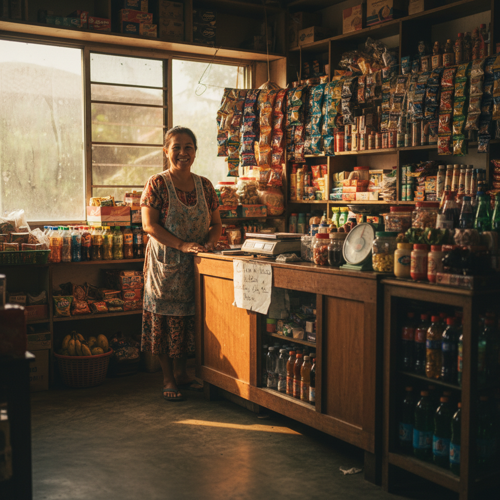 Filipino entrepreneur in bright modern store, open airy retail space, warm lighting