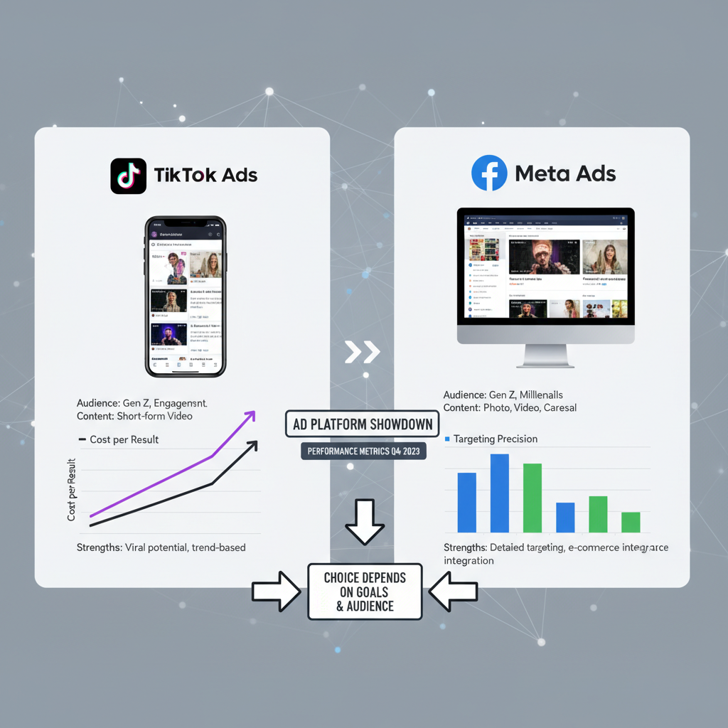 Google Ads vs Meta Ads comparison showing ROAS cost per acquisition and audience targeting