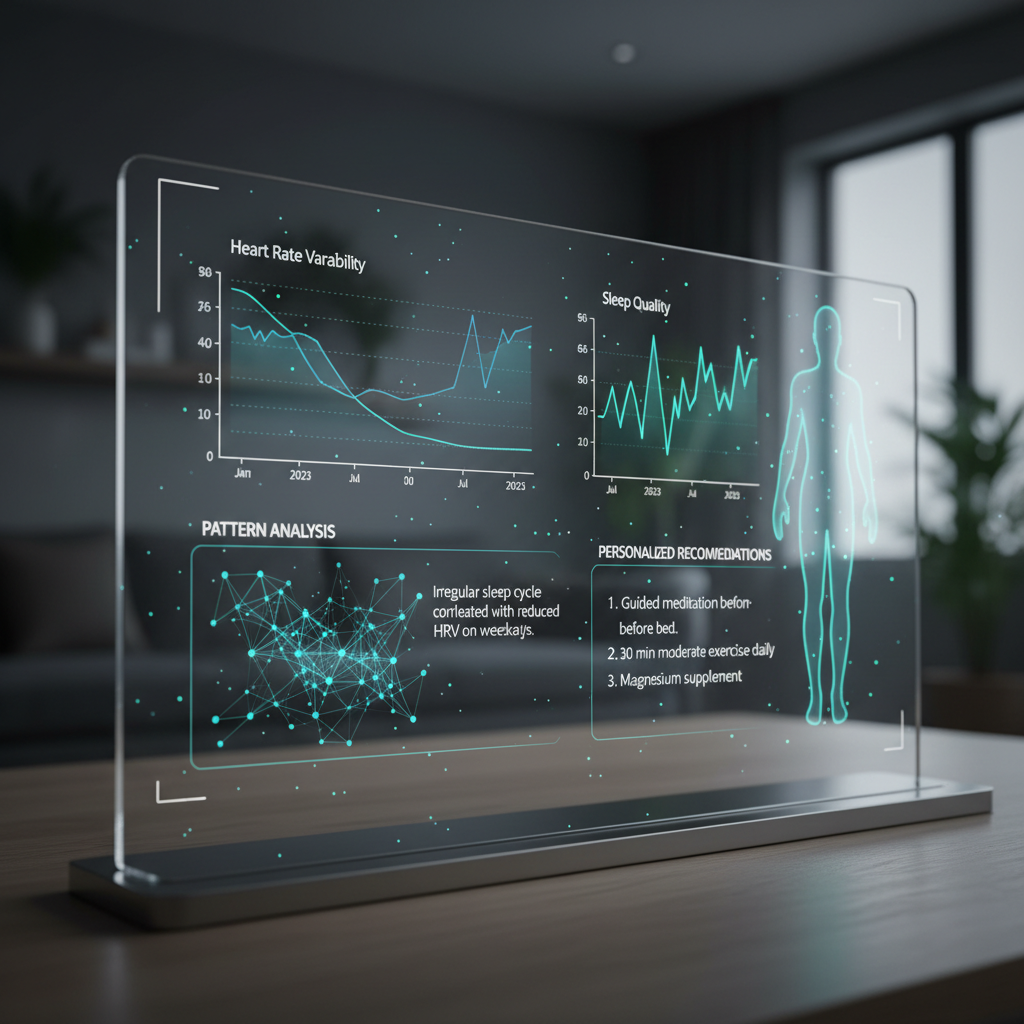 Analytics dashboard with charts and graphs on screen, dark purple background, glowing data lines, high-contrast professional environment
