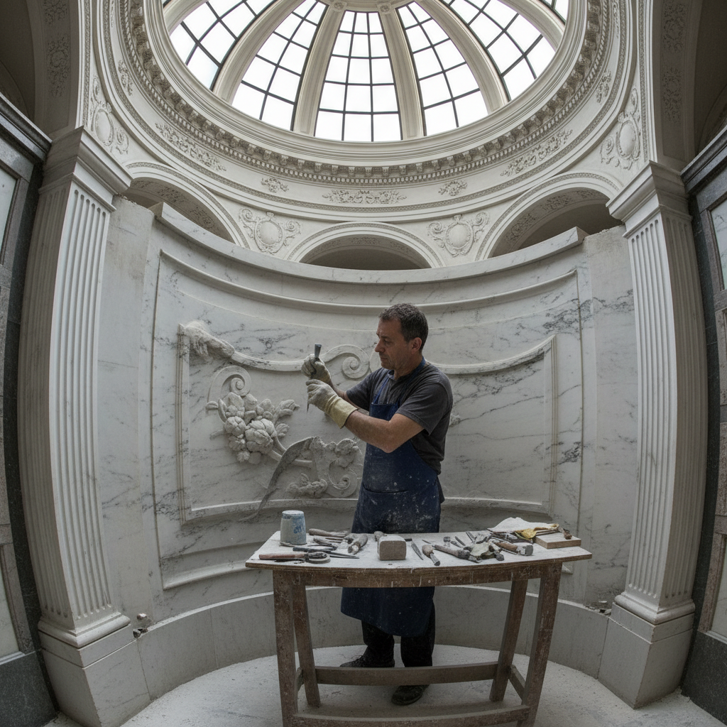 Stone mason working on a marble niche panel inside a mausoleum, natural light from above