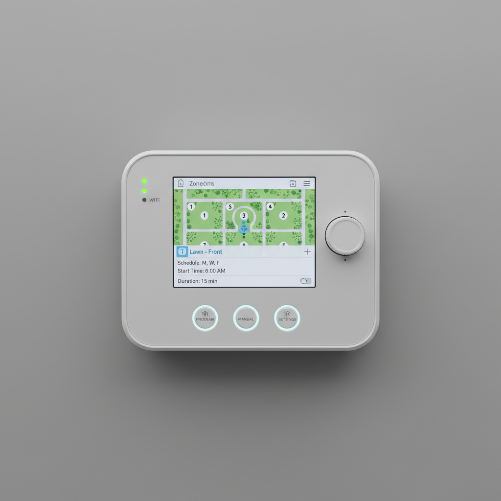 Smart irrigation controller mounted on white wall, digital display showing zone status