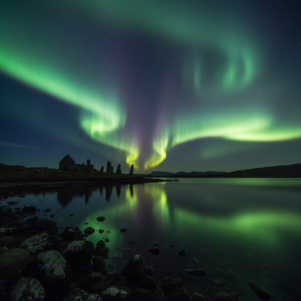 Aurora Borealis reflected in a still Hebridean loch at midnight with ancient stone silhouettes