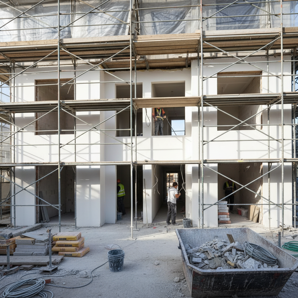 Active renovation site interior with bright overhead work lights and freshly plastered walls