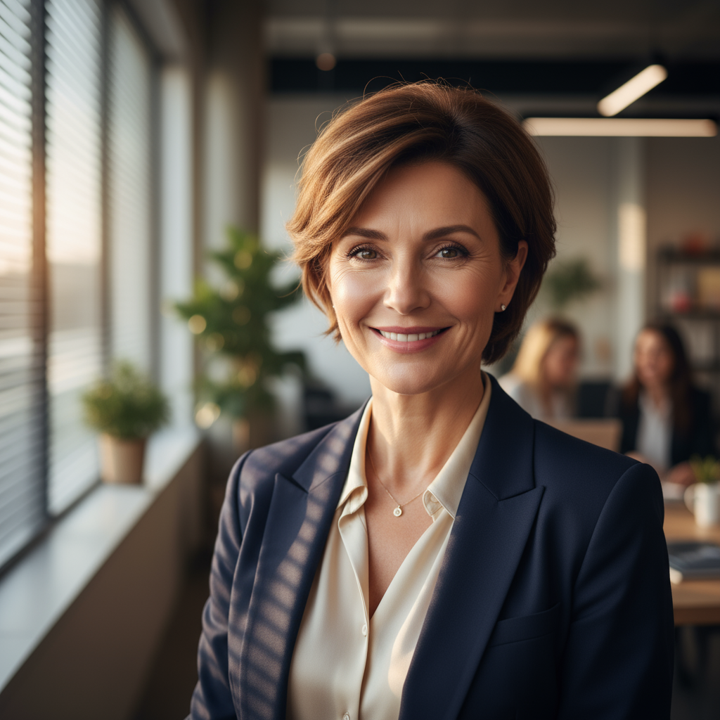 Professional portrait of woman with brown hair in white blouse smiling confidently in bright office setting