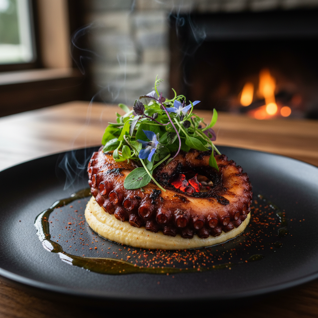 Elegantly plated wood-fired dish with ember garnish and micro herbs