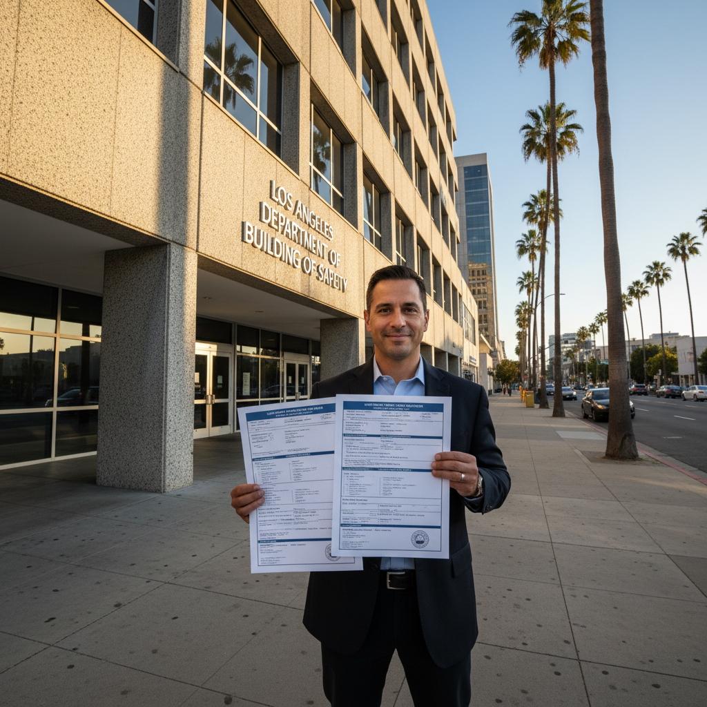 Ray Toscano, permit coordinator holding permit documents outside Los Angeles Department of Building and Safety