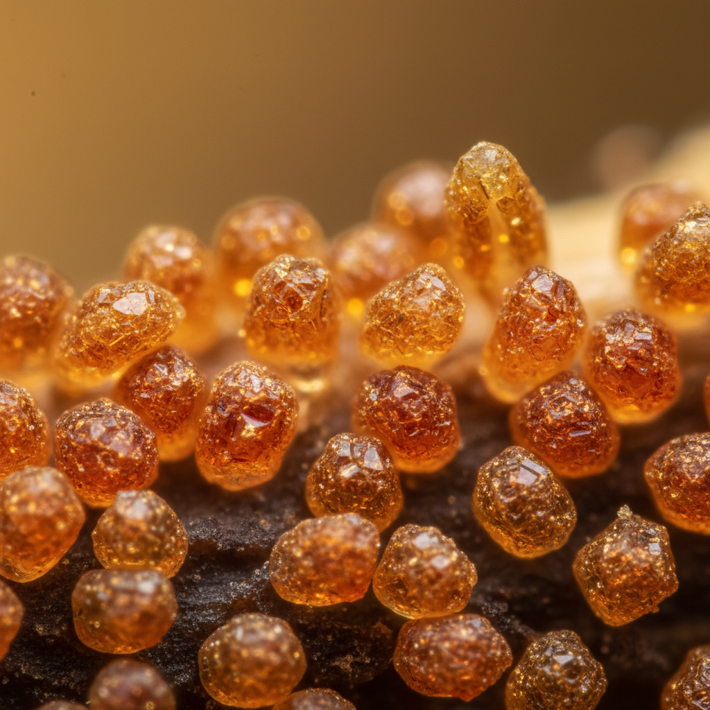After: edited macro photograph of pollen grains with rich amber tones and crystalline detail