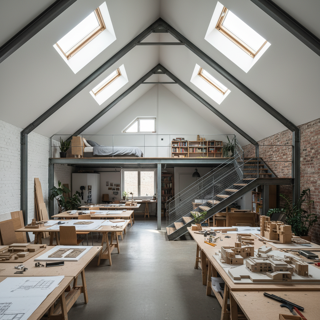 Double-height architect studio with north-facing skylights, drafting tables, model-making area on ground floor, and sleeping loft accessible by open steel staircase