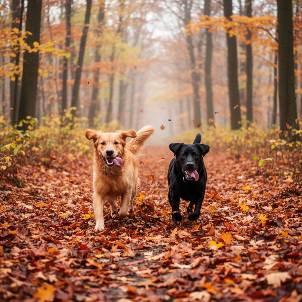 Two happy dogs running outdoors, well-groomed coats, warm natural sunlight