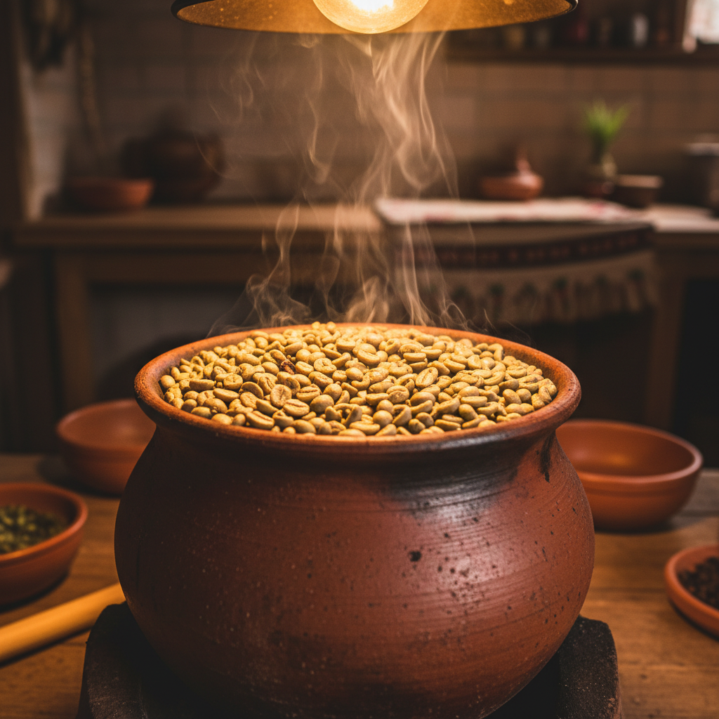 Green coffee beans roasting in a jabana clay pot over glowing coals, steam rising in amber kitchen light