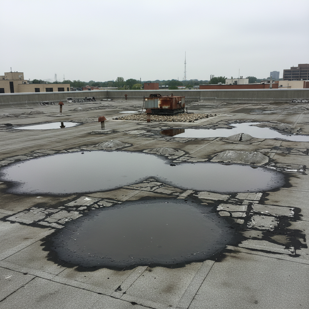 Commercial flat roof membrane with visible wear, ponding areas, and seam separations under inspection lighting