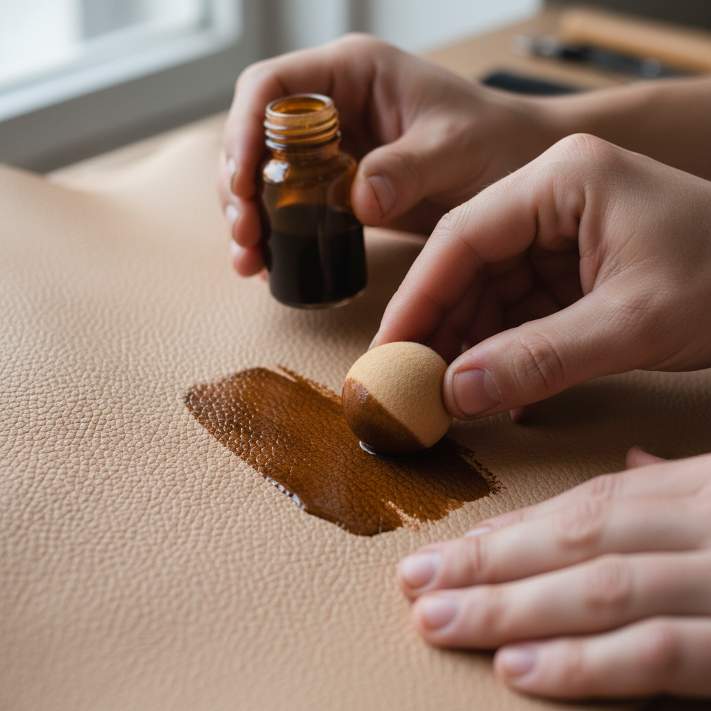 Hands applying leather dye with a dauber to a piece of natural veg-tan leather
