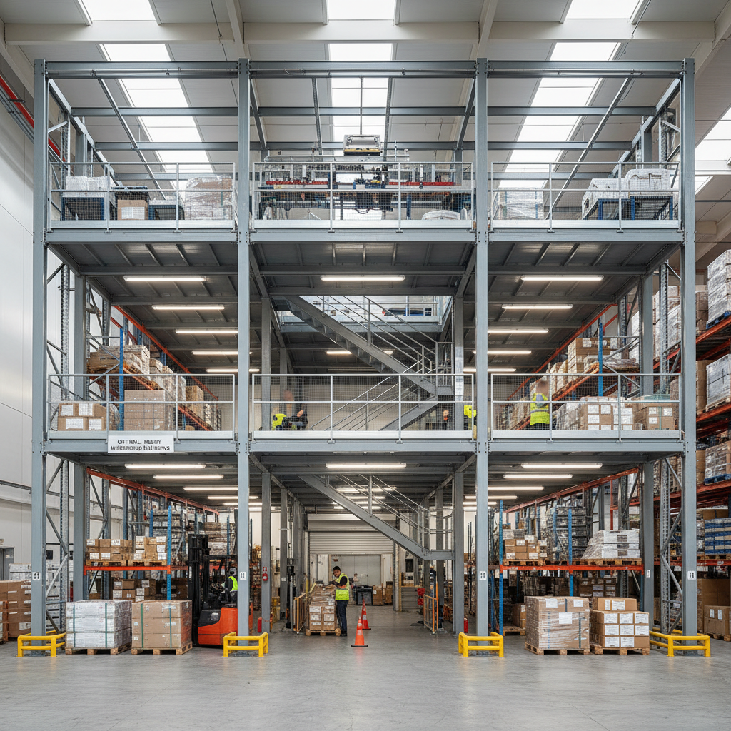 Industrial mezzanine storage structure with multiple levels in large warehouse, steel platform with stairs, dark industrial atmosphere with dramatic shadows