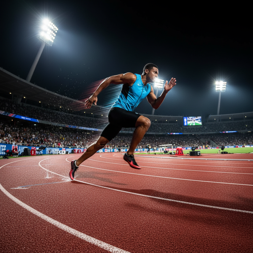 Sprinter in full stride on a red rubberized track, motion blur on feet, stadium lights overhead