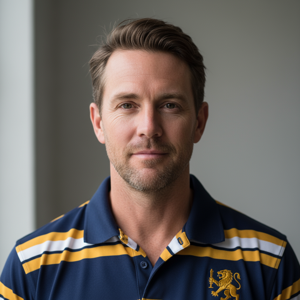 Confident male cricket coach in sports attire, neutral studio background, professional portrait