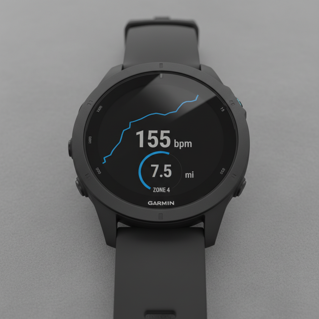Garmin GPS running watch with dark face showing route map and heart rate data