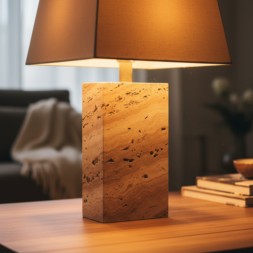 Elegant travertine stone base floor lamp with cream linen shade in warm living room corner