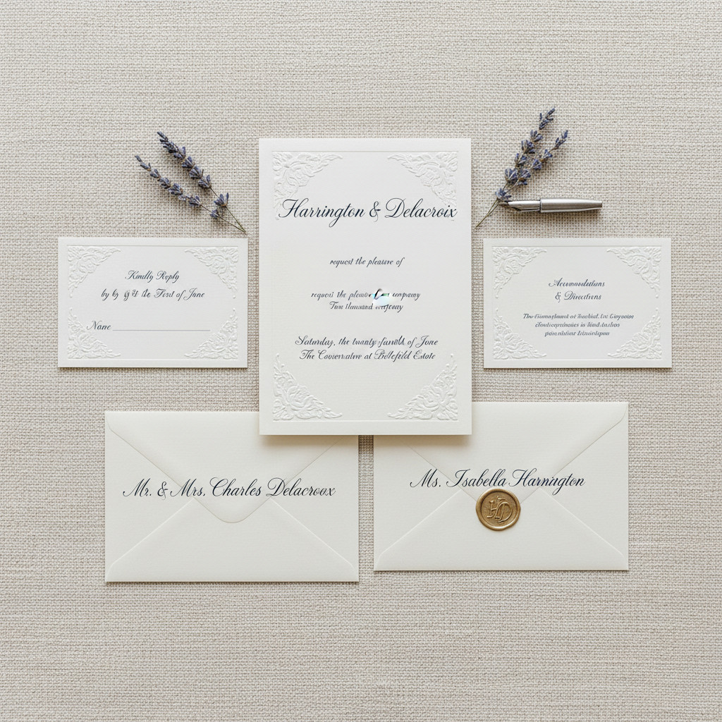Completed Harrington-Delacroix wedding invitation suite flat-lay on linen tablecloth showing hand-addressed envelopes and letterpress printed cards