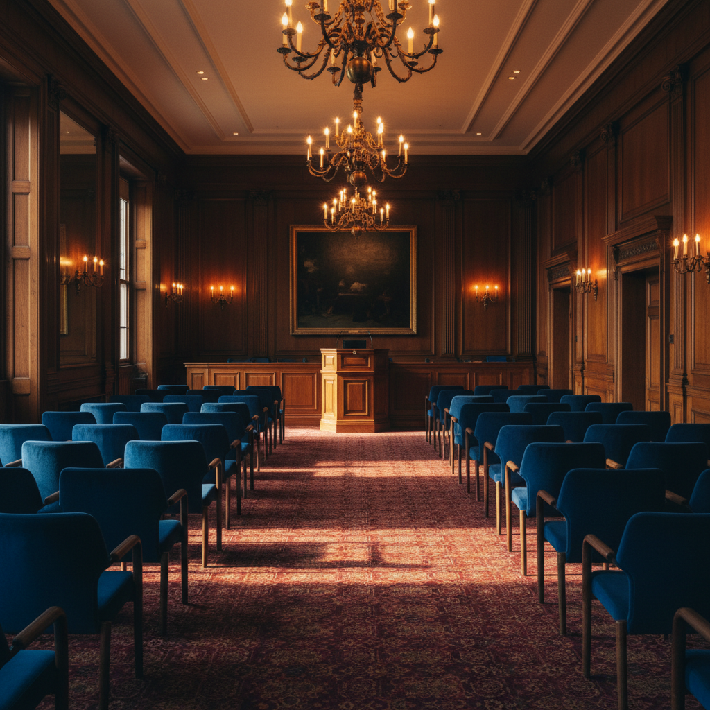 Auction house interior, dramatic lighting, dark warm atmosphere, luxury bidding event