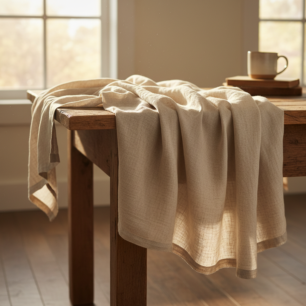 Cap laid flat on unbleached linen surface, overhead view, natural lighting, earthy and minimal