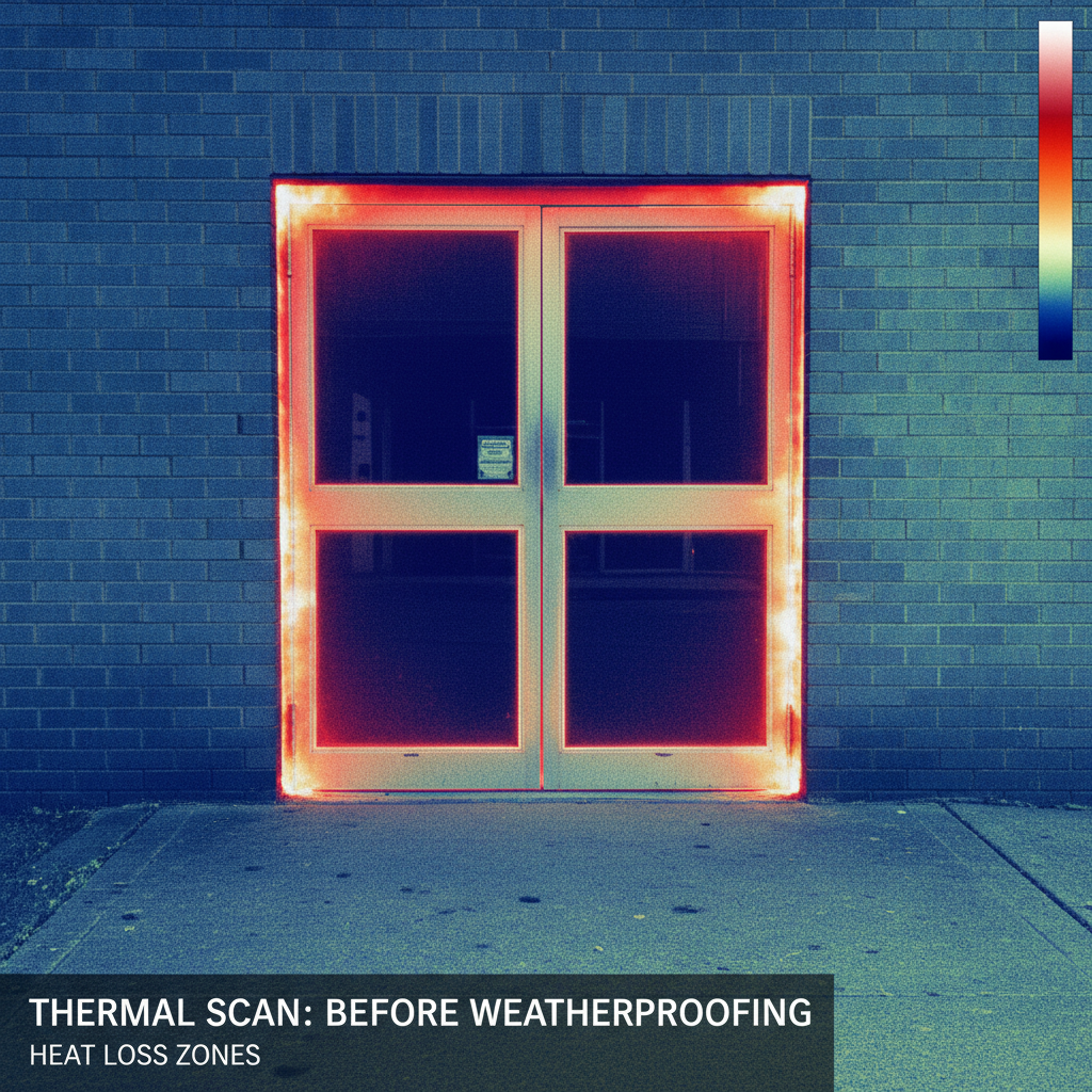 Thermal scan before weatherproofing showing bright orange and red heat loss zones around commercial door frame edges and threshold