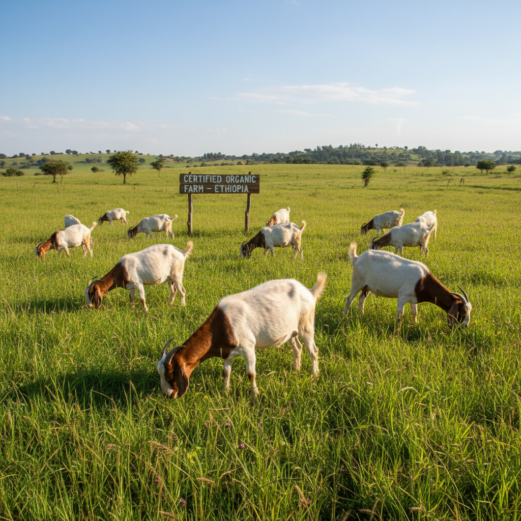 Ethiopian highland goats grazing on green hillside, healthy livestock in natural setting