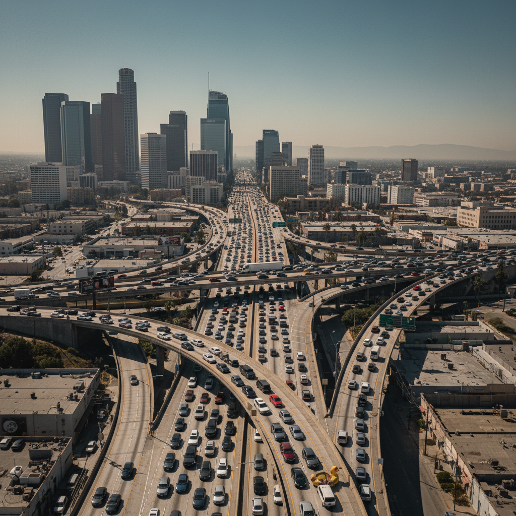 Los Angeles urban development aerial view, highway interchange, mixed use development, daytime, clear sky