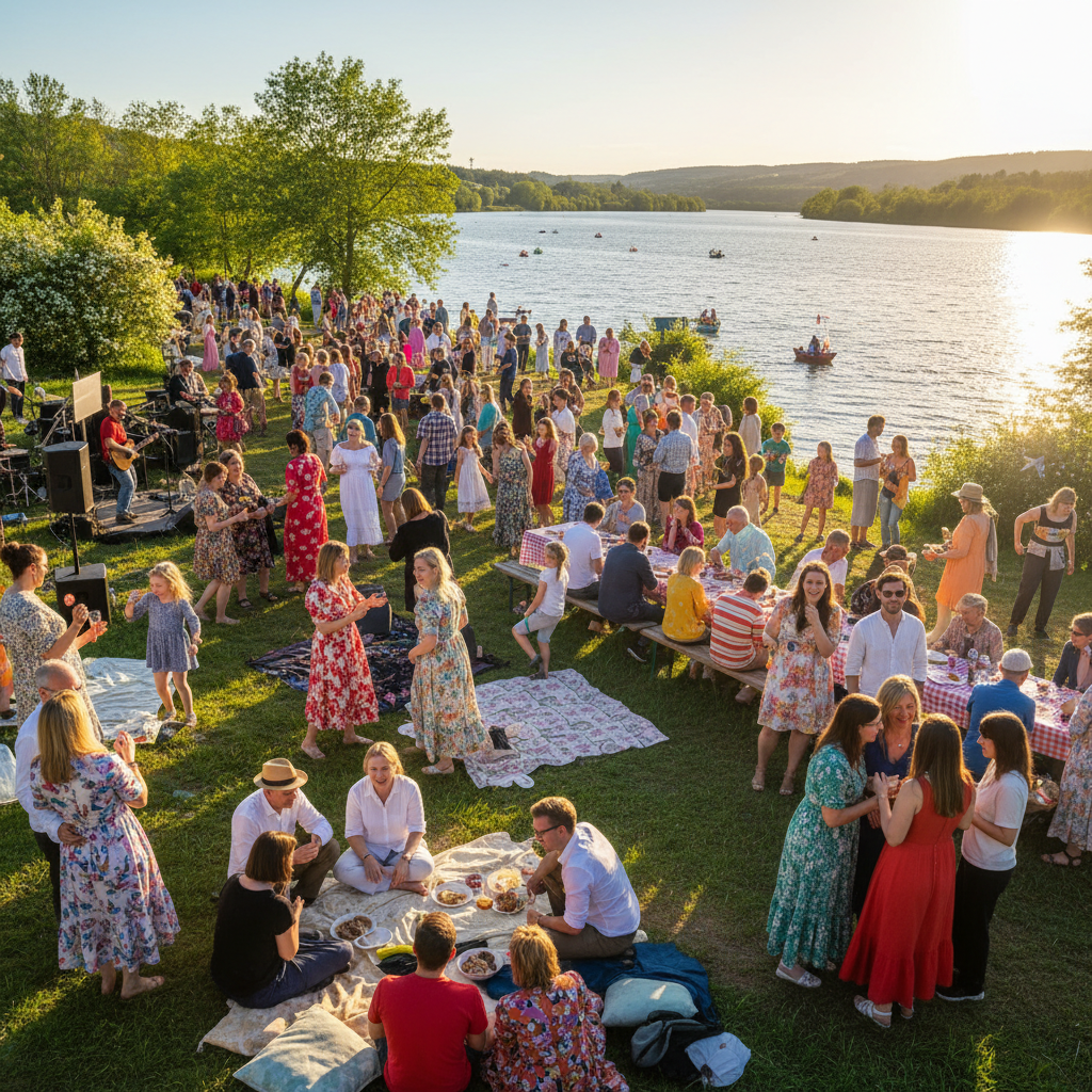 Community gathering outdoors near water, celebrating together on a warm summer day