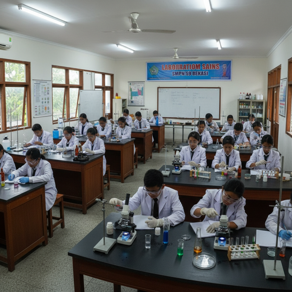 Students conducting science experiment with test tubes in a bright laboratory setting