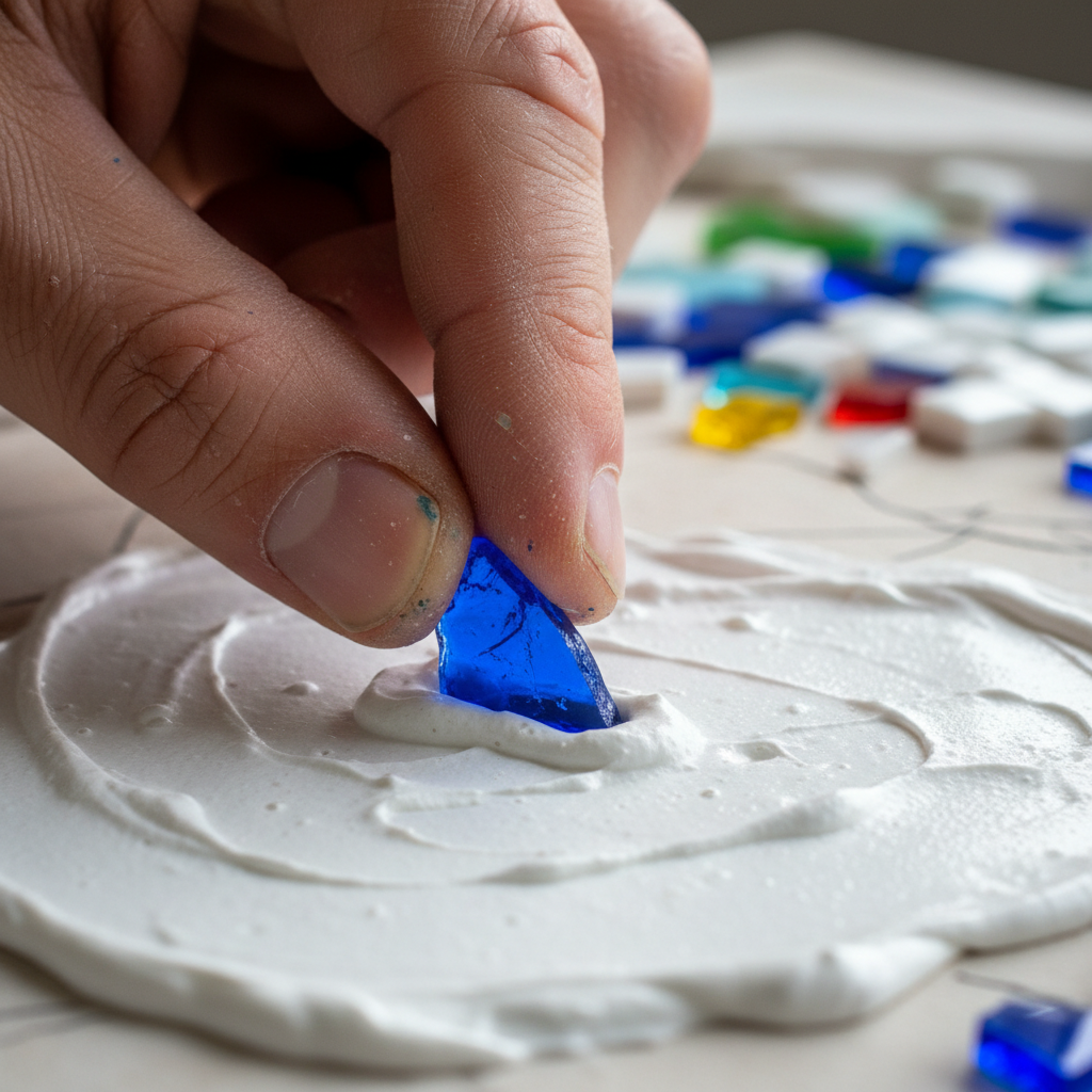 Artist's hands pressing a glass tessera into wet adhesive on an in-progress mosaic, jewel-toned glass fragments scattered nearby under natural north light