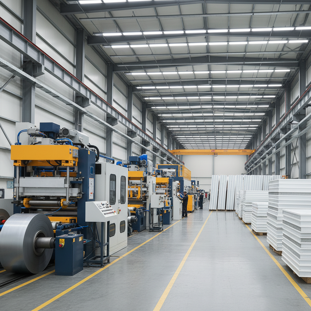 Industrial cold storage facility interior with bright white walls, insulated panels and metal shelving