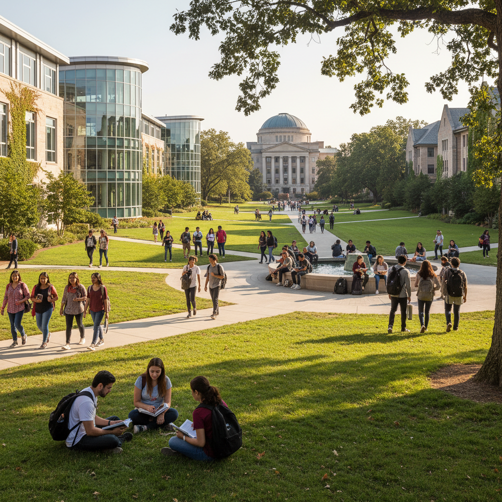 University campus with students, bright open academic environment