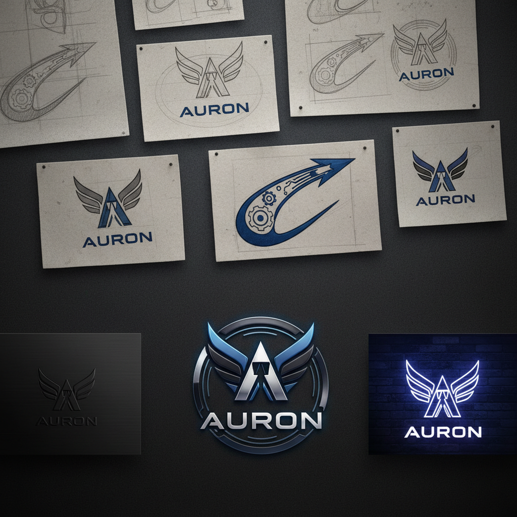 Logo design process with sketches and digital mockups on dark background