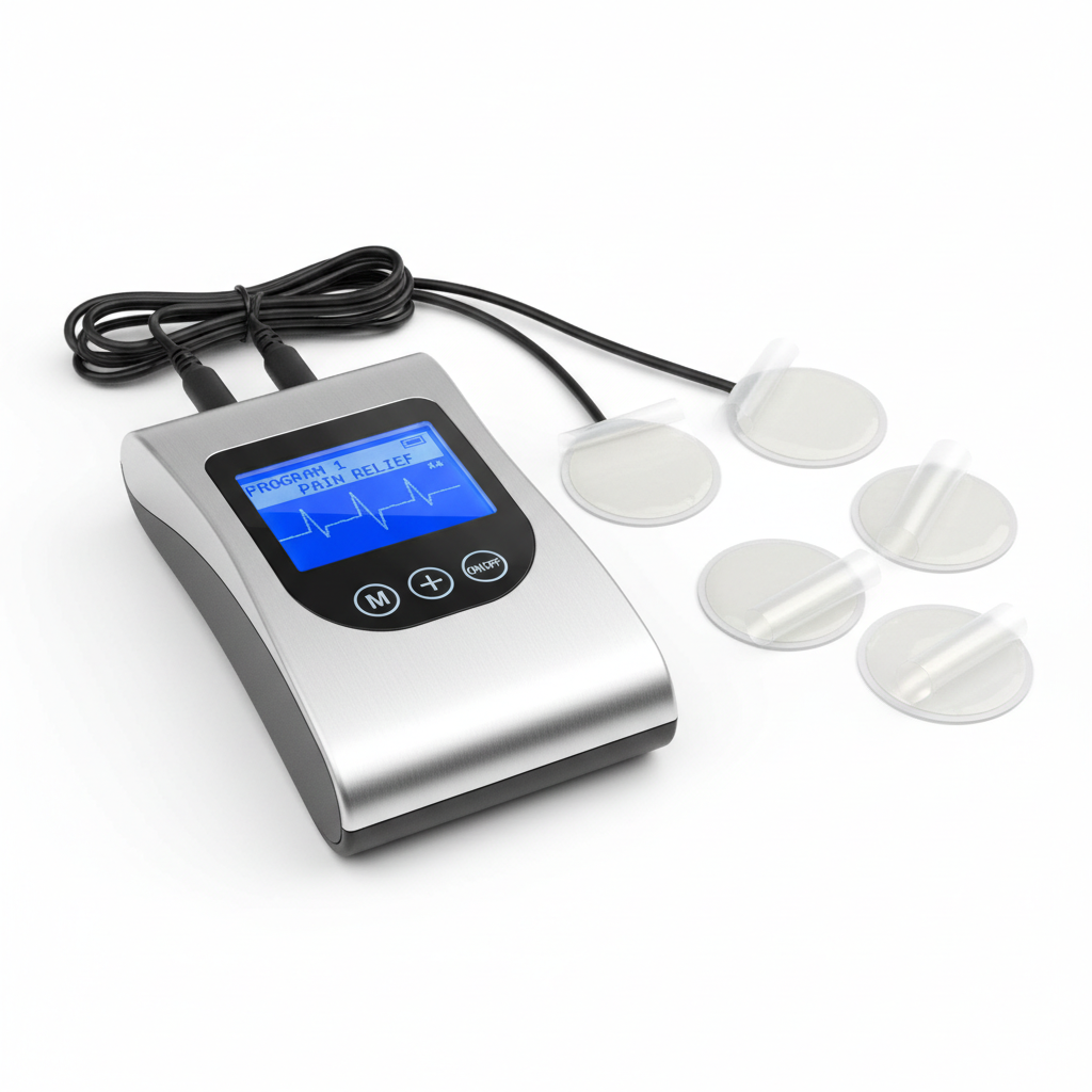 TENS therapy device with electrode pads on white clinical surface with bright light