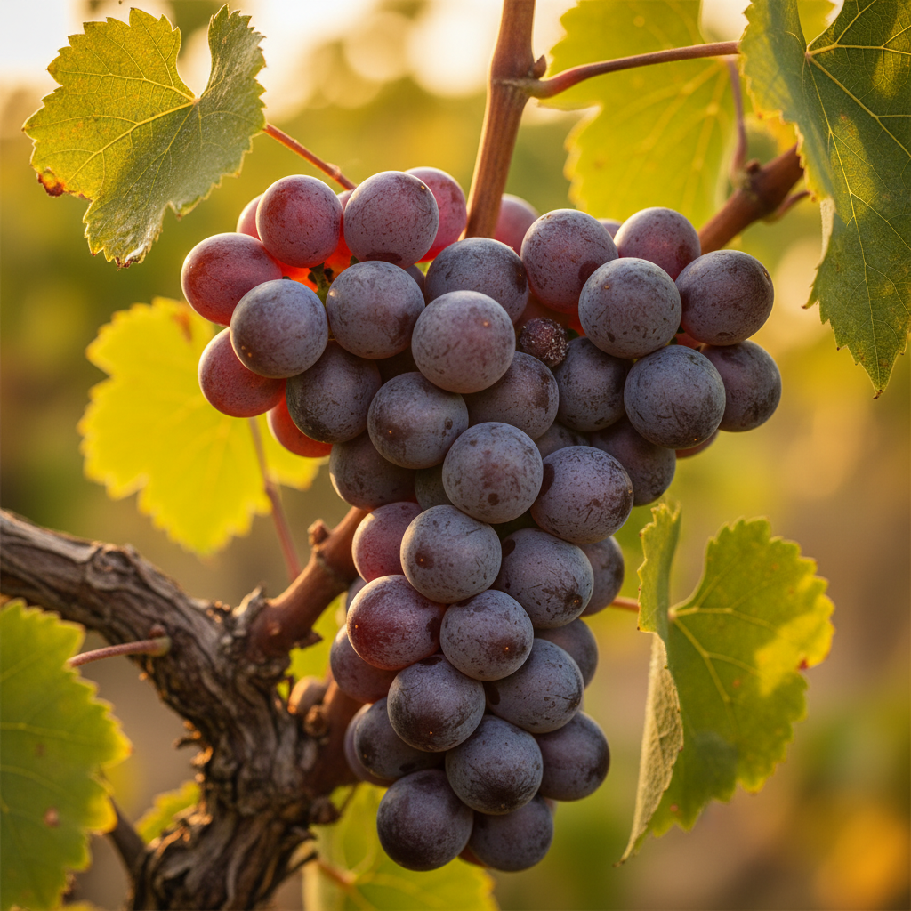 Close-up of sun-warmed Grenache grape cluster on the vine