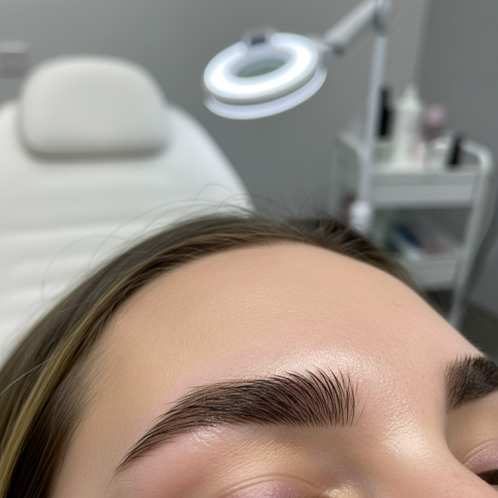 Close-up of beautiful eyelash extension and brow shaping treatment in clean white salon
