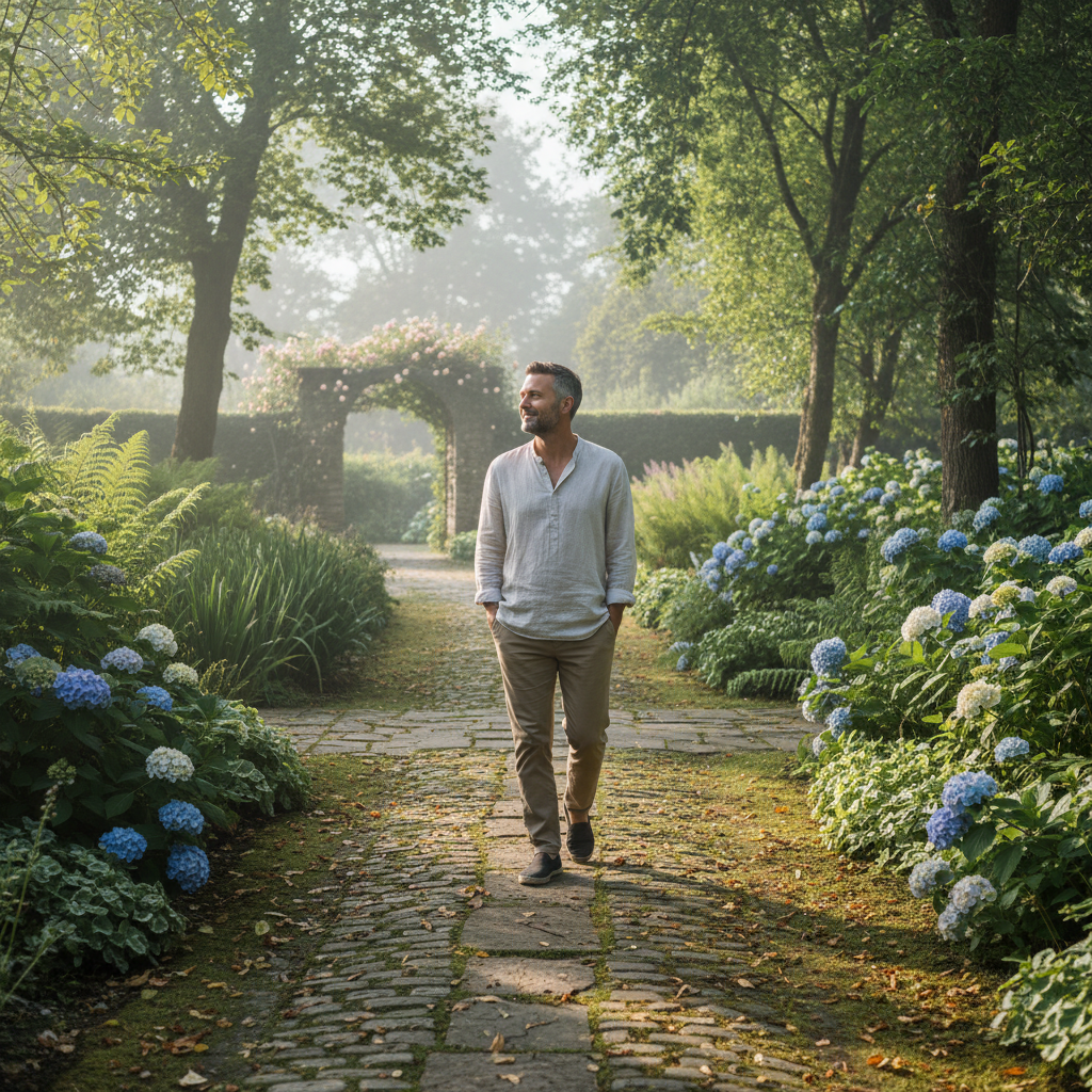 James walking the garden path in morning light, genuinely relaxed