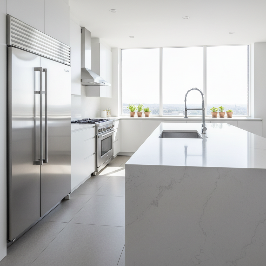Freshly renovated kitchen with gleaming new countertops, clean white cabinets, and polished tile floor after professional post-construction cleanup
