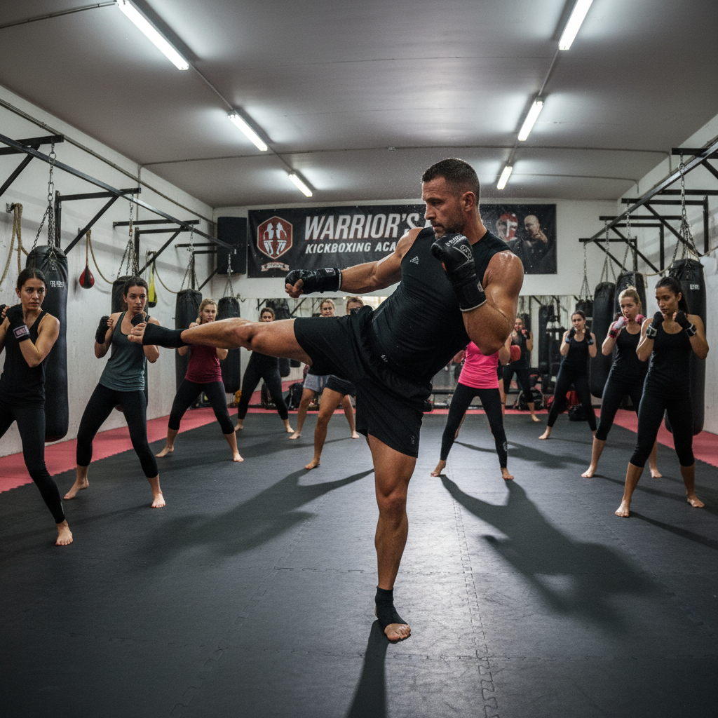 Karate instructor demonstrating high kick technique to students