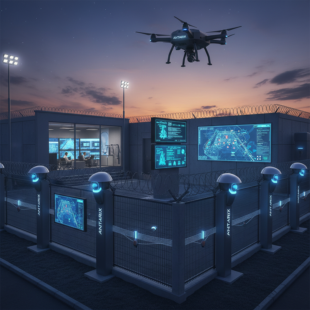 Critical infrastructure facility with ANTARIX perimeter security system using AI-powered cameras for 24/7 threat detection and monitoring