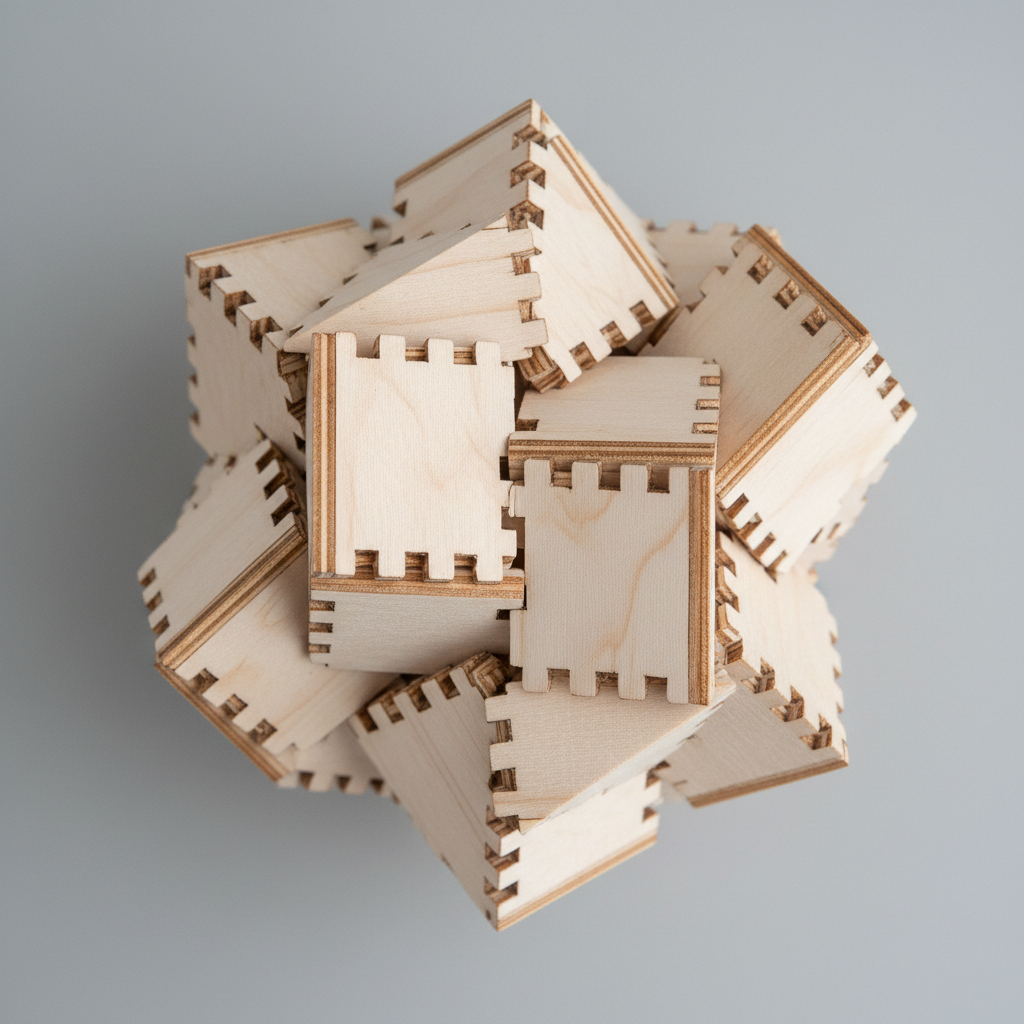 Birch plywood laser cut pieces with precise interlocking joints showing clean wood edges