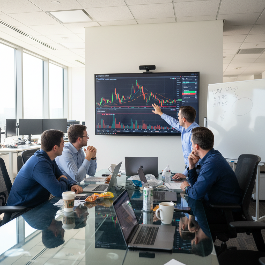 Four traders around a table with laptops open, one pointing at a chart on a wall monitor, coffee cups half-empty, whiteboard with VWAP levels