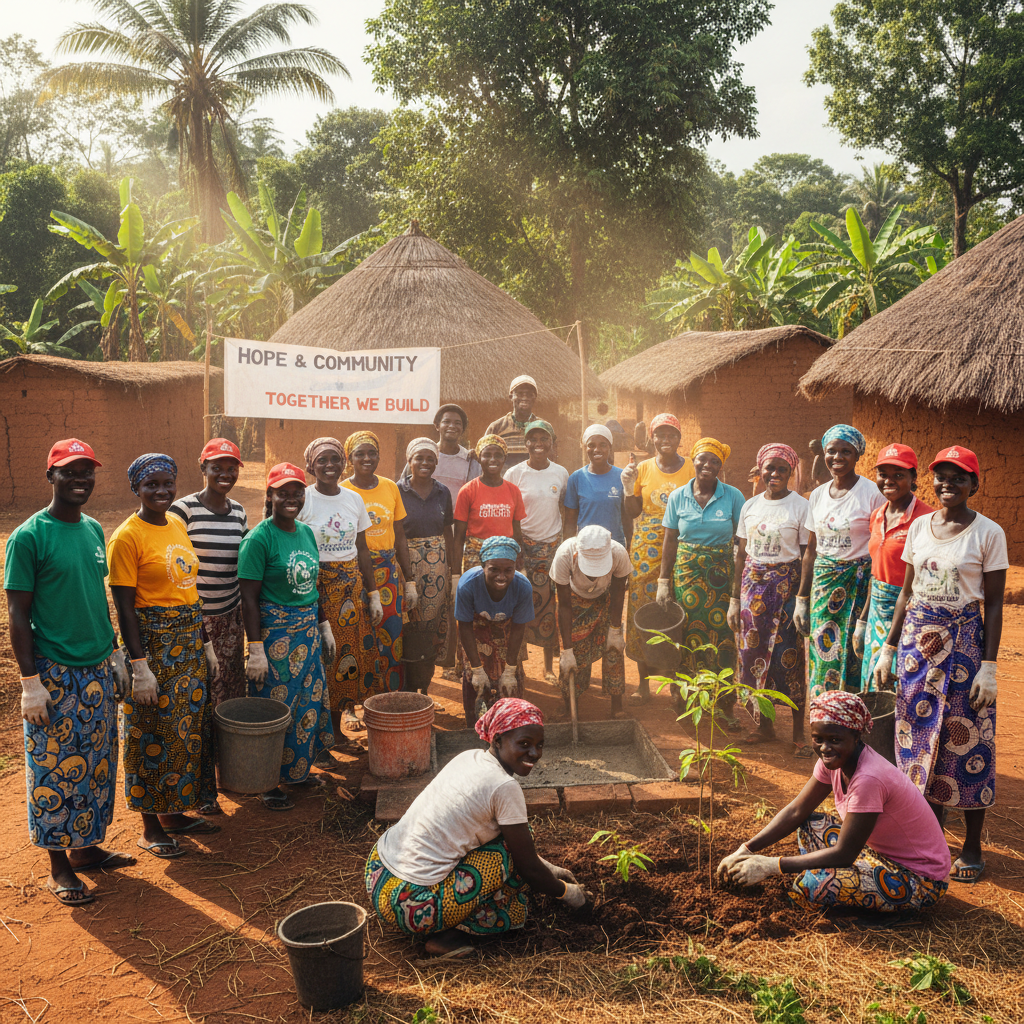 Diverse group of African and international volunteers smiling together outdoors, casual clothing, sunny day, sense of community and purpose