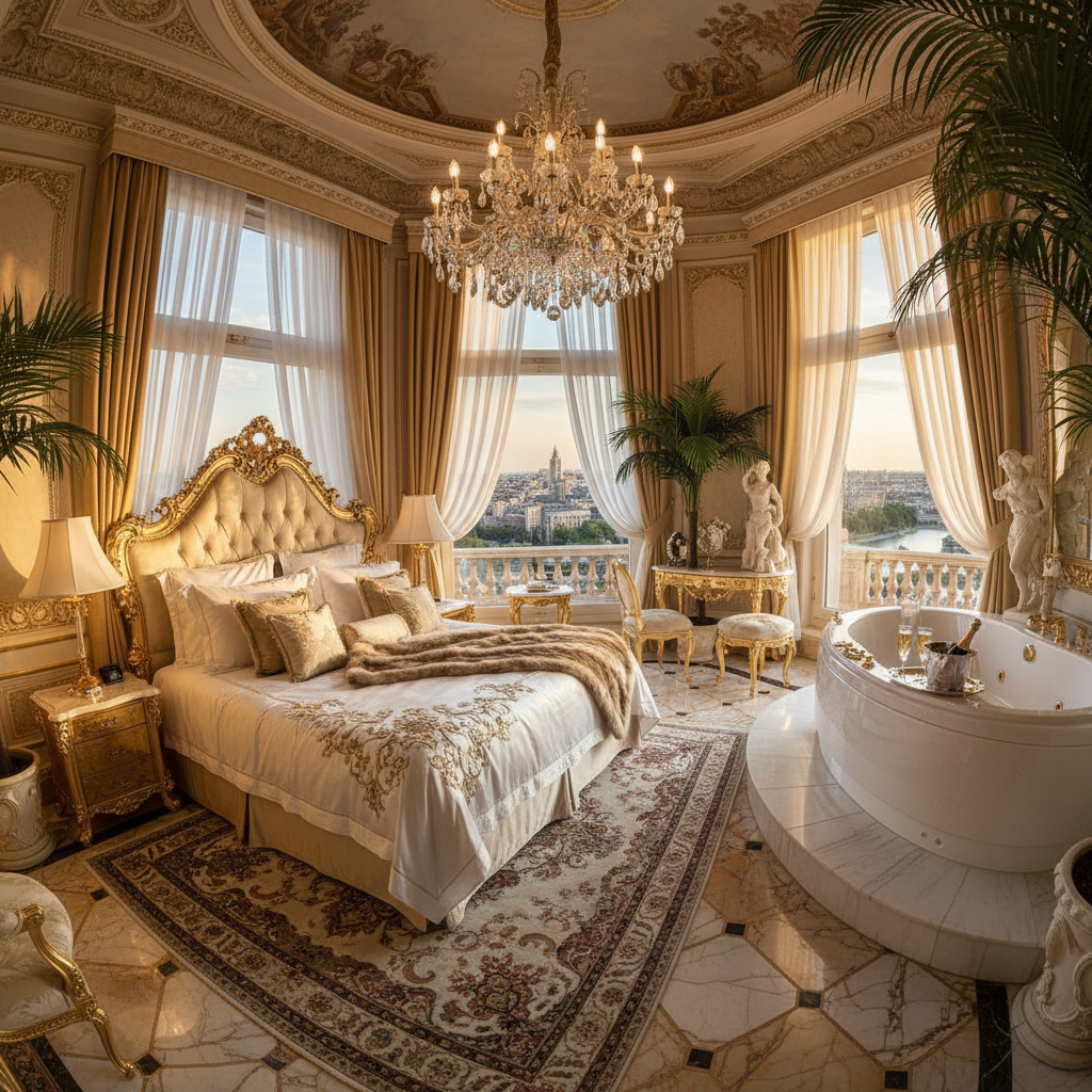 Royal hotel suite with private whirlpool bath, dramatic canopy bed, gold and dark green palette, chandeliers, opulent luxury