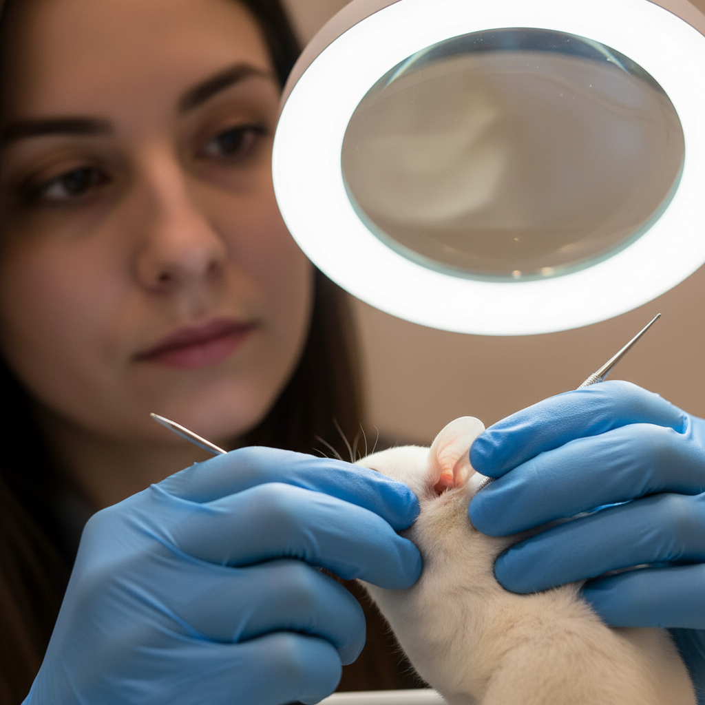 Groomer using magnifying lamp to examine sugar glider ears, gentle hands visible