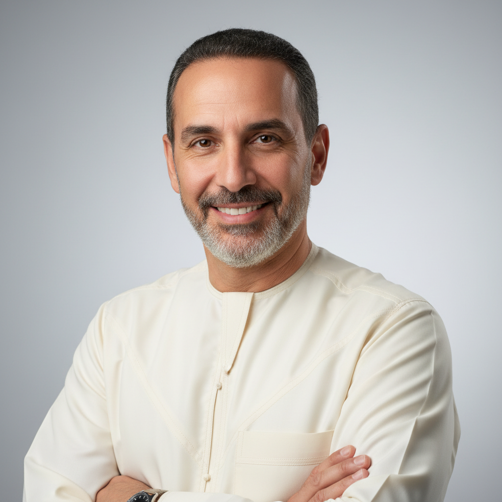 Egyptian businessman in professional attire, confident smile, warm studio lighting