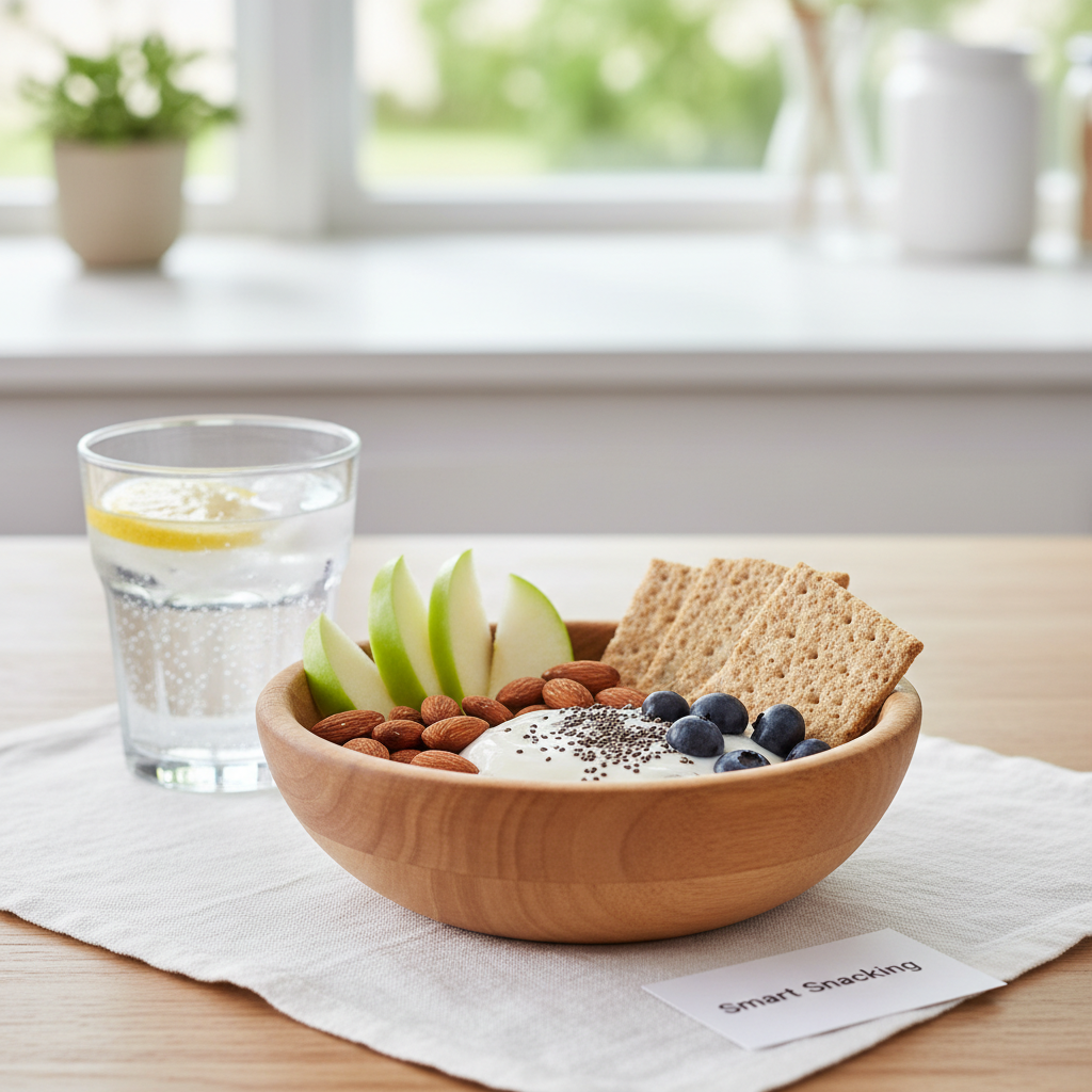 Assorted healthy snacks including nuts, granola bars, and crackers on wooden surface