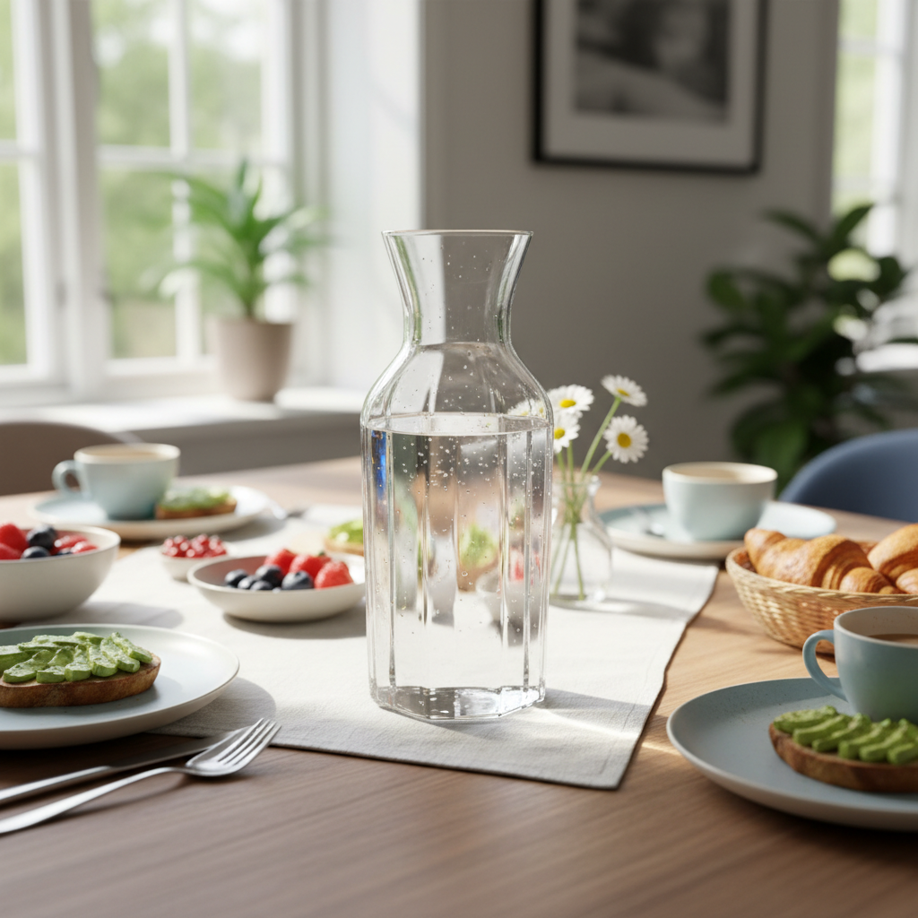 Glass carafe catching window light at a brunch table