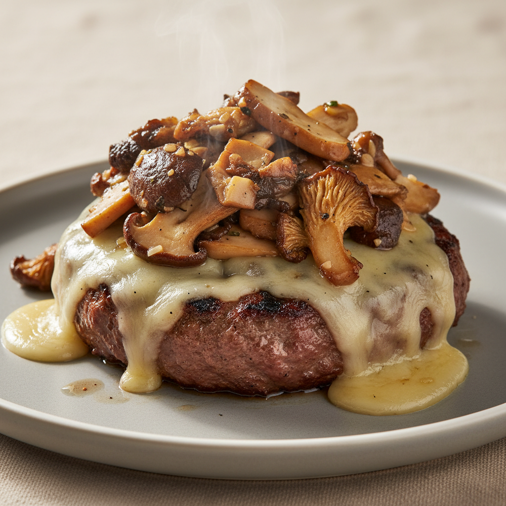 Mushroom Swiss Stack — Beef patty, sautéed portobello mushrooms, Swiss cheese, garl