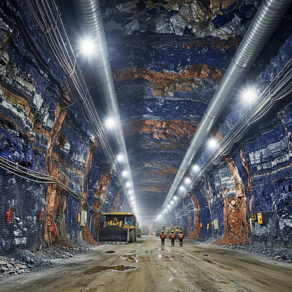 Underground mine tunnel carved through mineral rock with industrial lighting illuminating cathedral-sized chamber